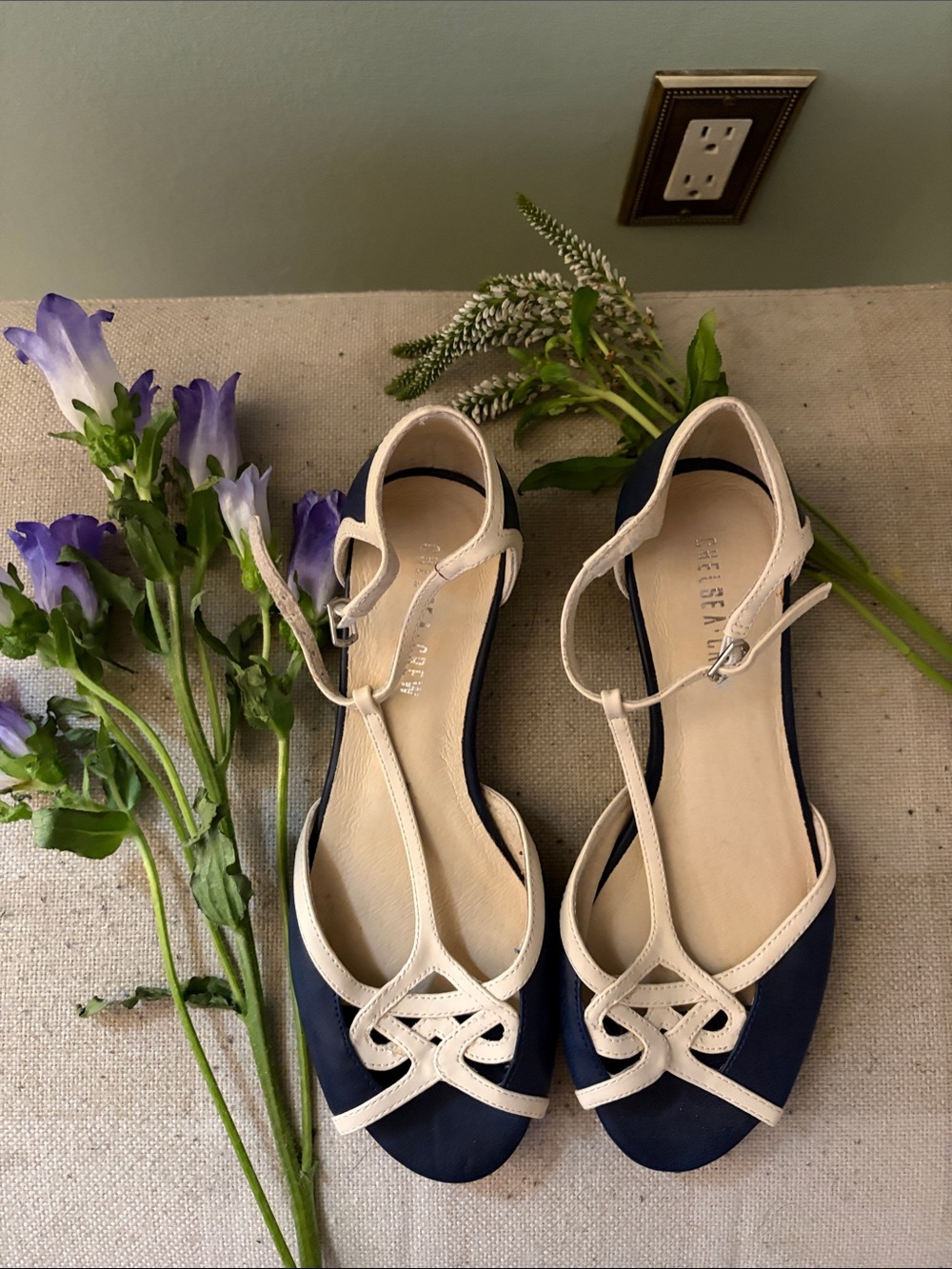 chelsea crew Navy and Cream T-Strap Sandals